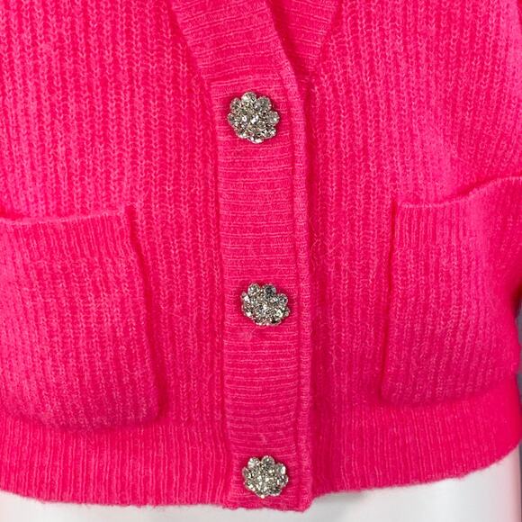 GANNI Size M Hot Pink Alpaca Blend Rhinestones Cropped Cardigan - Picture 2 of 7